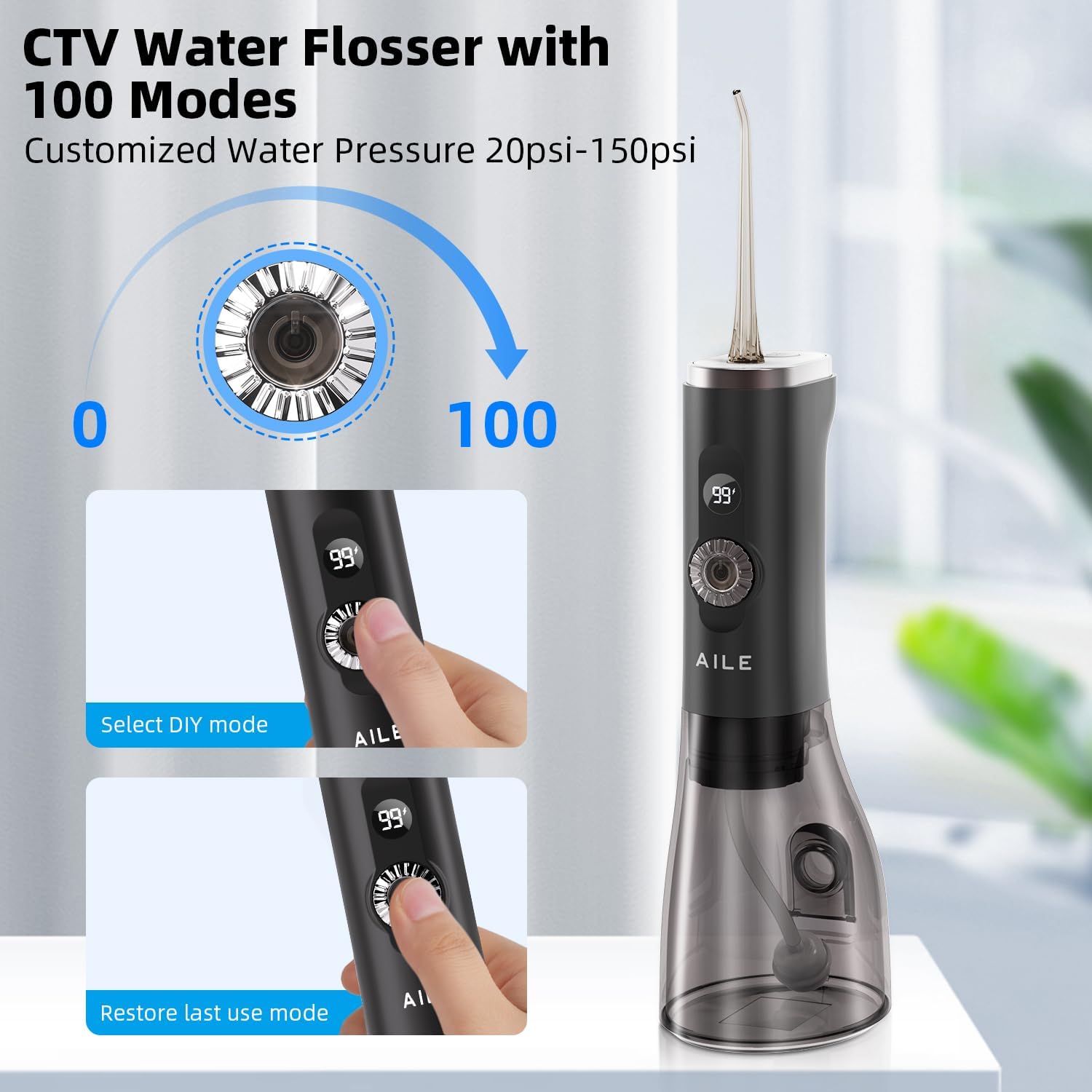 CVT Water Dental Flosser Teeth Pick: 300 ML Cordless Portable Water Flosser Pick for Teeth 100 Modes Rechargeable Oral Irrigator Travel IPX7 Waterproof Flossing Teeth Cleaning for Home - Black