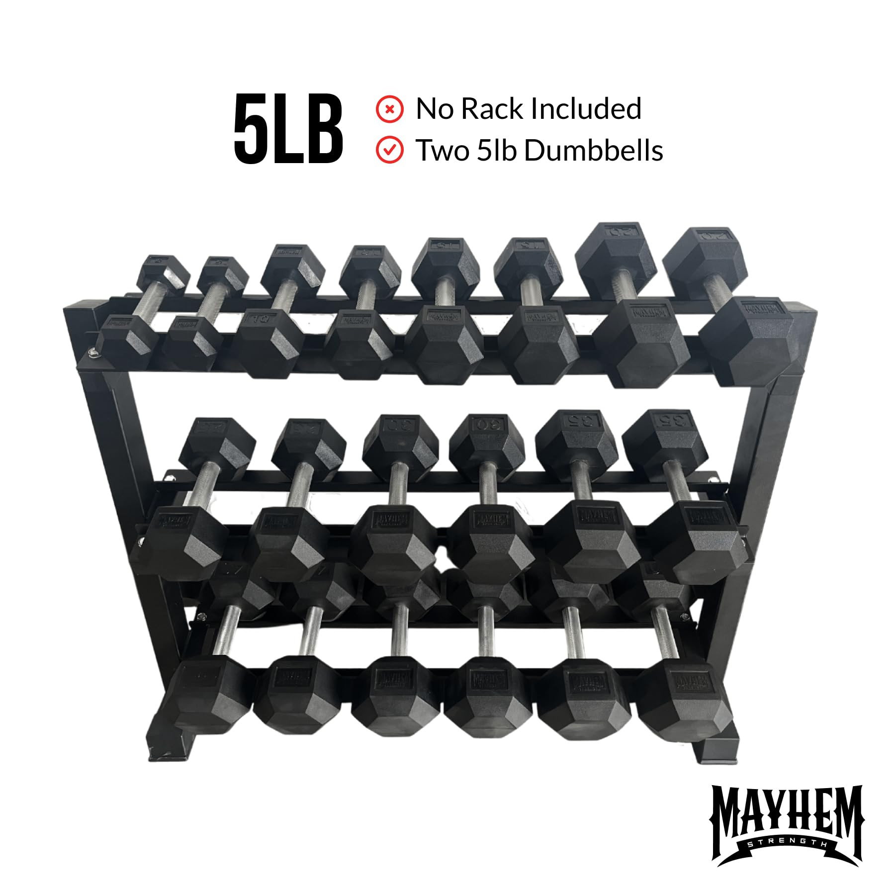 Mayhem Strength Rubber Hex Dumbbells - Hand Weights for Strength, Weight Lifting & Home Workouts (Dumbbell Rack not included) - 5lb Pair