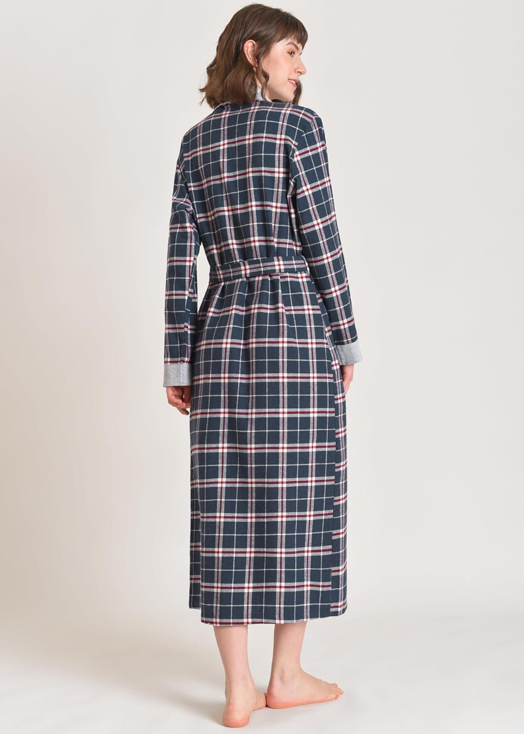 Latuza Women's Plaid Flannel Robe Long Cotton Bathrobe with Pockets - Image 3