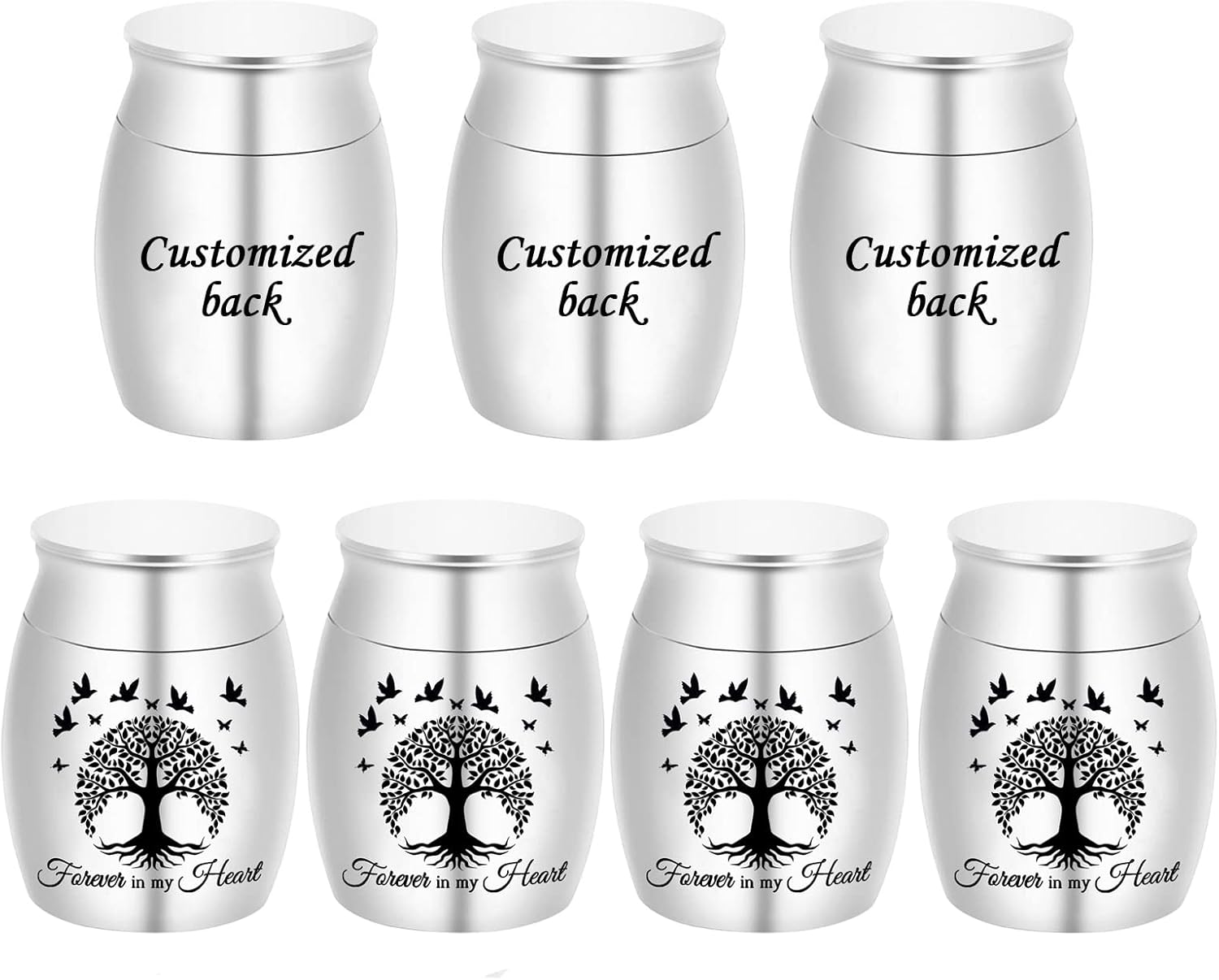 Tree of Life Mini Set of 7 Stainless Steel Memorial Ashes Holders - Small Keepsake Urns for Human Ashes - Perfect for Funeral - Forever in my heart (Silver-7pcs)