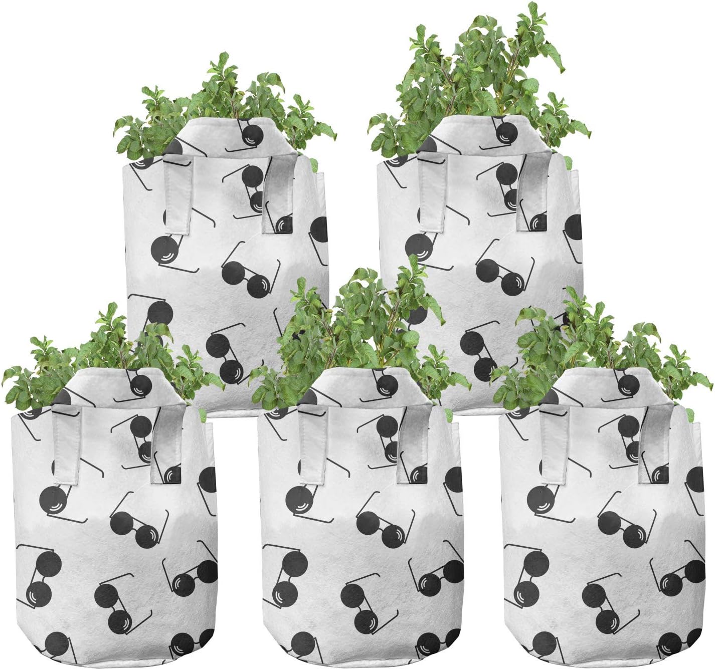 Ambesonne Sunglasses Grow Bags 5-Pack, Holiday Time Beach Item, Heavyduty Fabric Pots with Handles for Plants, 7 Gallon, Charcoal Grey and White