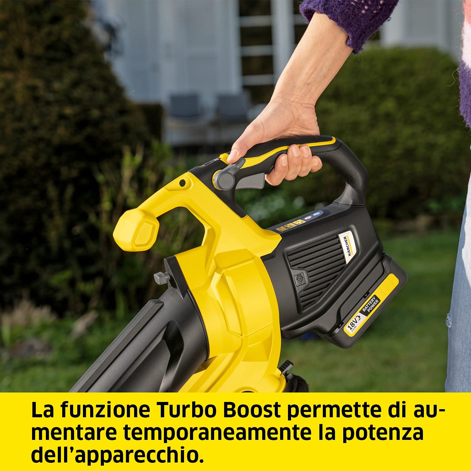 KÄRCHER Soffiatore e aspiratore foglie a batteria BLV 18-200 Battery, Funzione pacciamatura, velocità aria 200 km/h, sacco 45 l, peso 3,5 kg, utilizzabile con la batteria KÄRCHER da 18 V (non inclusa)