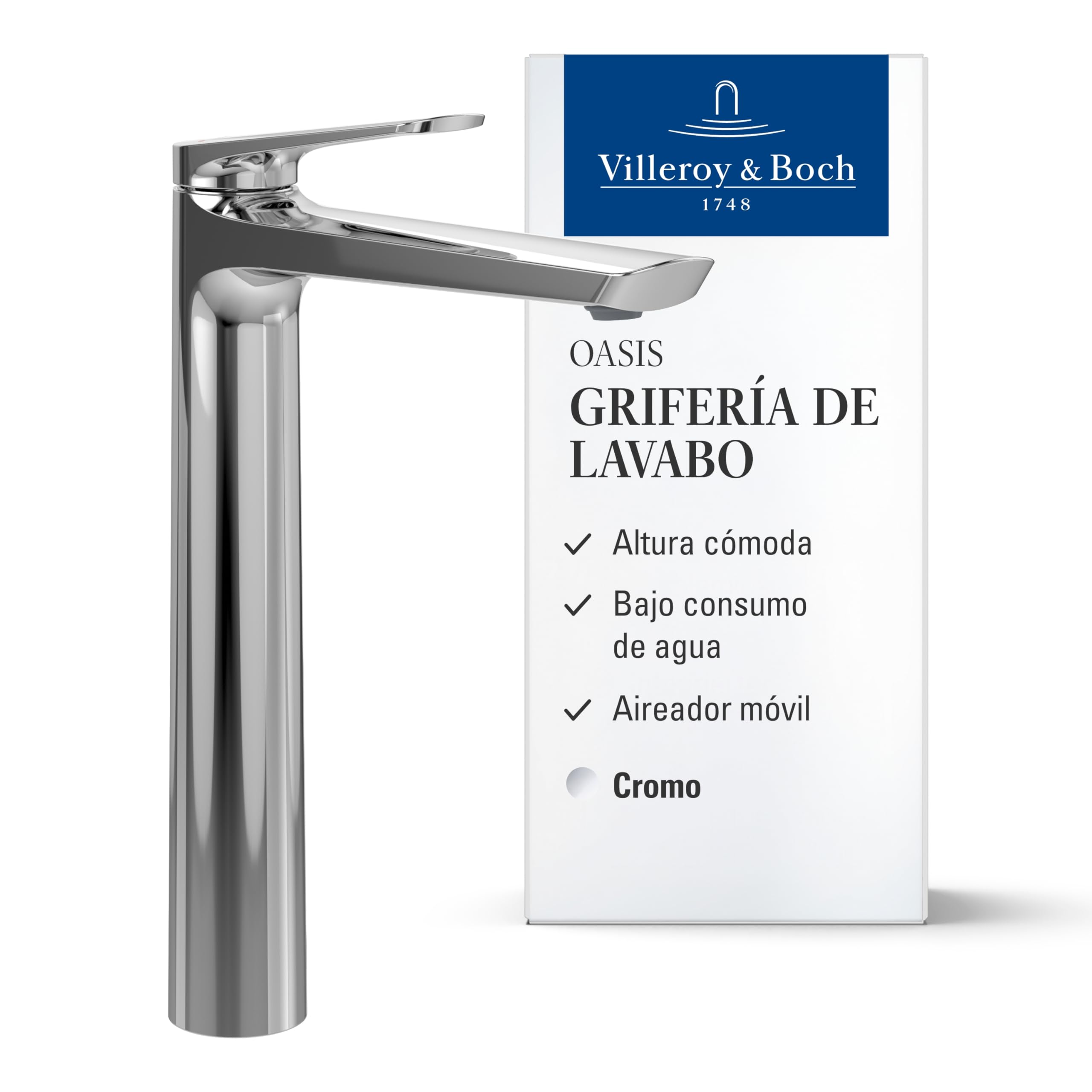 Villeroy & Boch Oasis grifo de lavabo, altura de caño 245 mm – Cromo | Sin válvula de desagüe, bajo consumo, cartucho cerámico, diseño redondo moderno, TVW11500200161