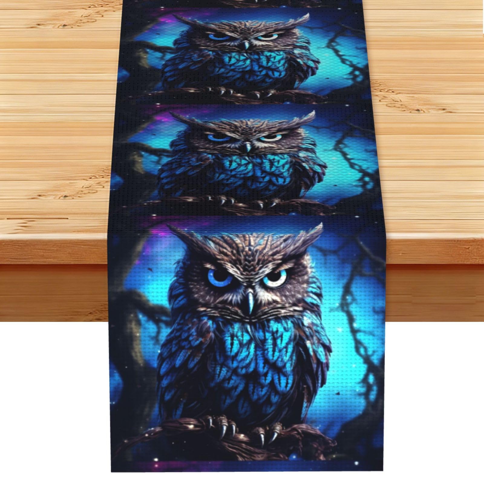 Blue Owl Table Runner 13 x 72 Inches Long, Cotton Linen Table Runners for Kitchen Dining Table Decoration - Washable Tablecloth Modern Tablerunner for Home Party Decor