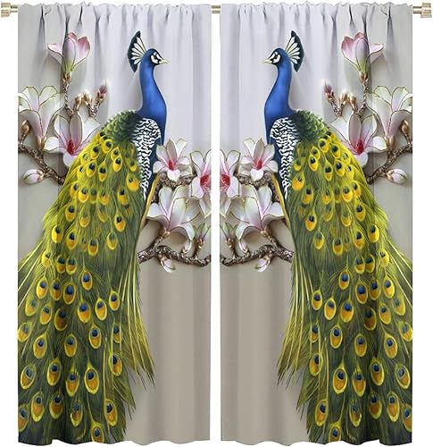 Miniatura 204 de Cortina opaca con estampado de pavo real, con estampado de animales retro, con bolsillo para cortinero y flores de peonía doradas, para dormitorio,