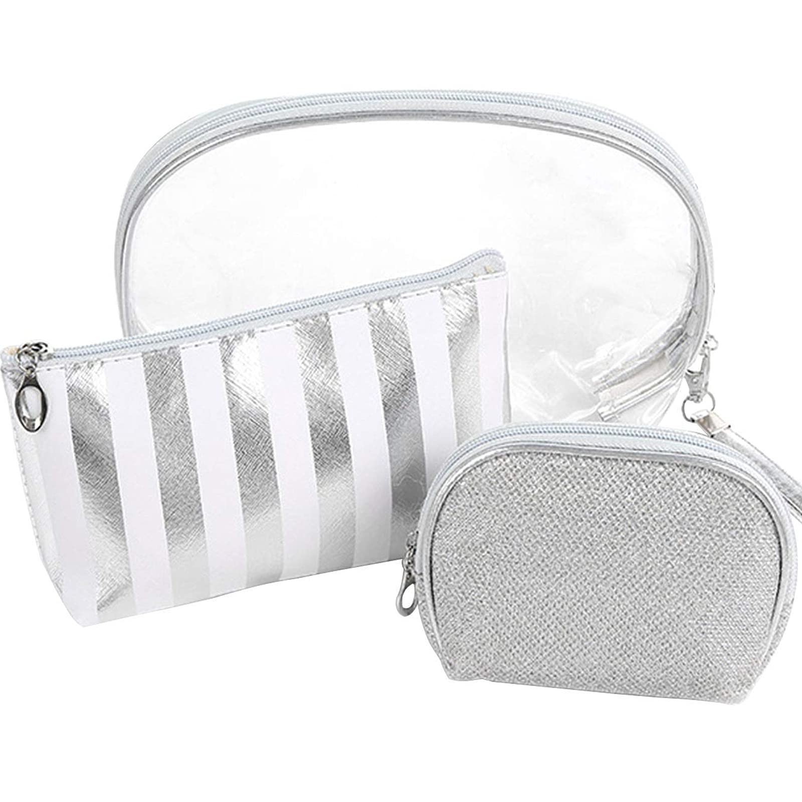 ASEEBYMakeup Bag Set (3 Pieces) for Women Travel Cosmetic Bags Purse Pouch Toiletry Bag Storage Organizer, SetSilver, Cosmetic Bag Set