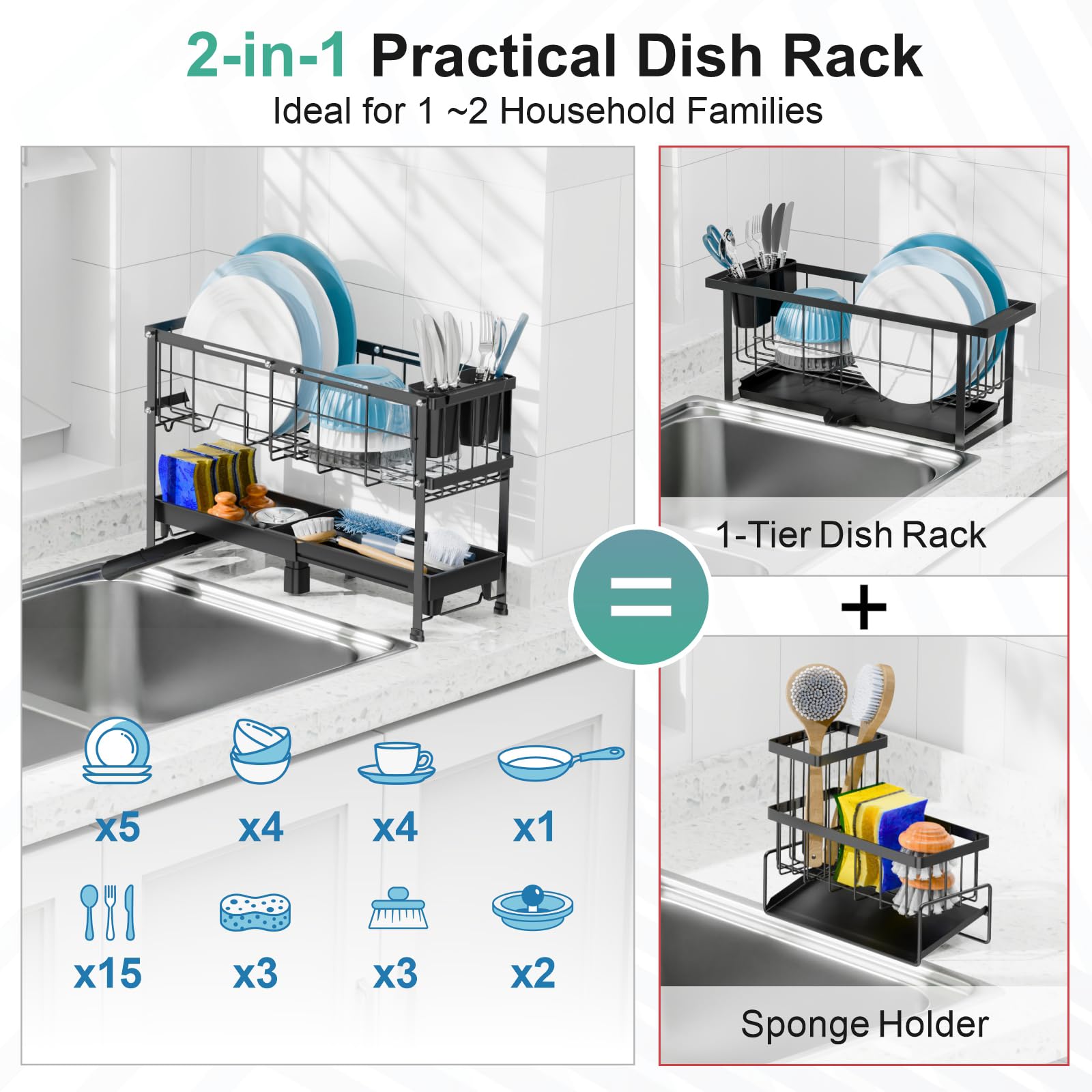 GSlife Escurreplatos estrecho – Escurreplatos pequeño expandible para encimera de cocina, 2 niveles de capacidad ajustable (15.7 a 20.7 pulgadas de largo) escurridor de platos con soporte extraíble