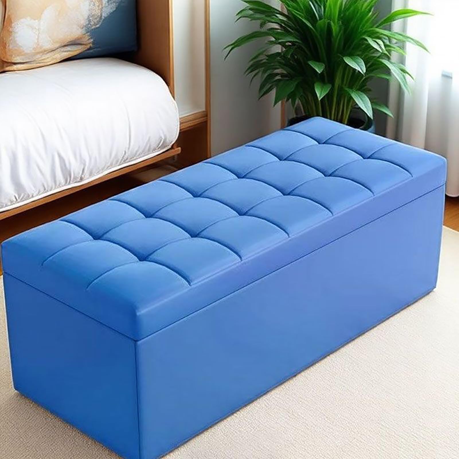 KLGFBDC Tufted Faux Leather Storage Ottoman Bench - Stylish Entryway Shoe Bench & Living Room Foot Rest Stool Supports 660 Lbs 39x16x16in Blue - Perfect for Bedroom & Living Room Storage