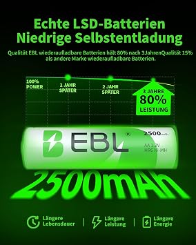 ebl aa battery 2500 mah rechargeable aa batteries type ni-mh pack of 8 1.2 v mignon batteries
