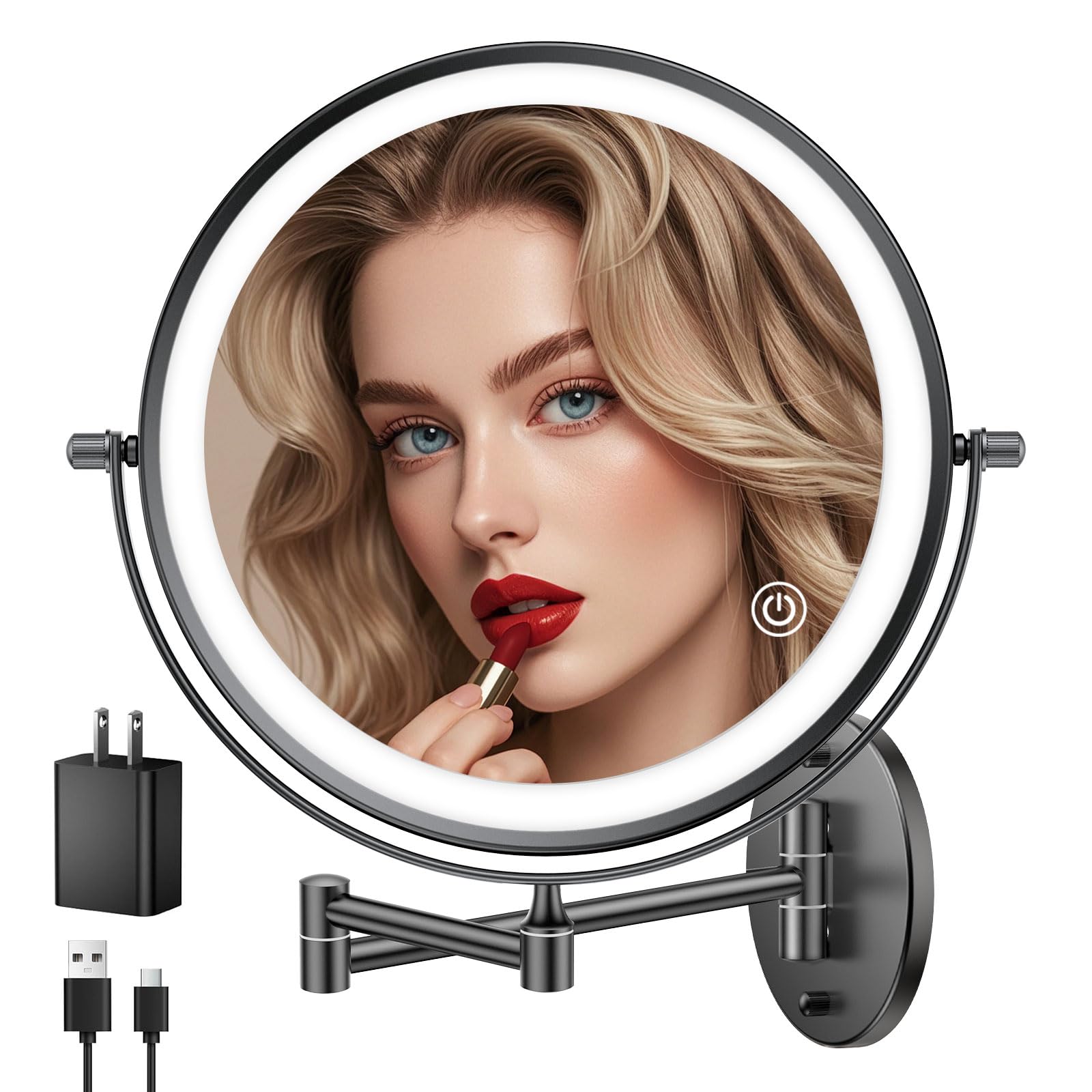 FUNTOUCH 5000mAh Rechargeable Wall Mounted Makeup Mirror with Lights, 9" Double Sided 1X/30X Magnifying Mirror with Dimmable 3 Color Light, Extended Swing Arm 360° Wall Mount Bathroom Mirror, Black Black-30x