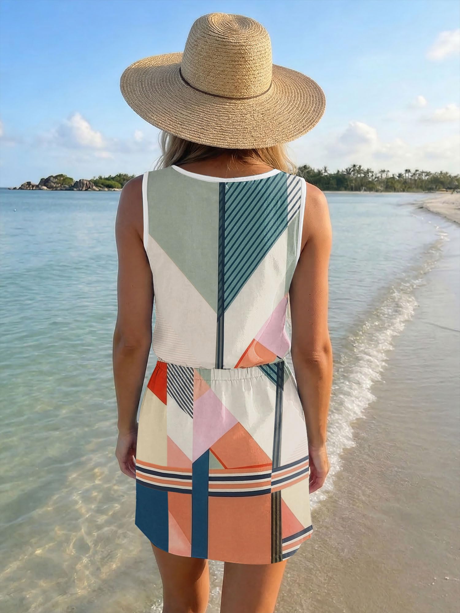 Vestido corto de verano para mujer, casual, holgado, sin mangas, cuello redondo, cordón en la cintura y bolsillos