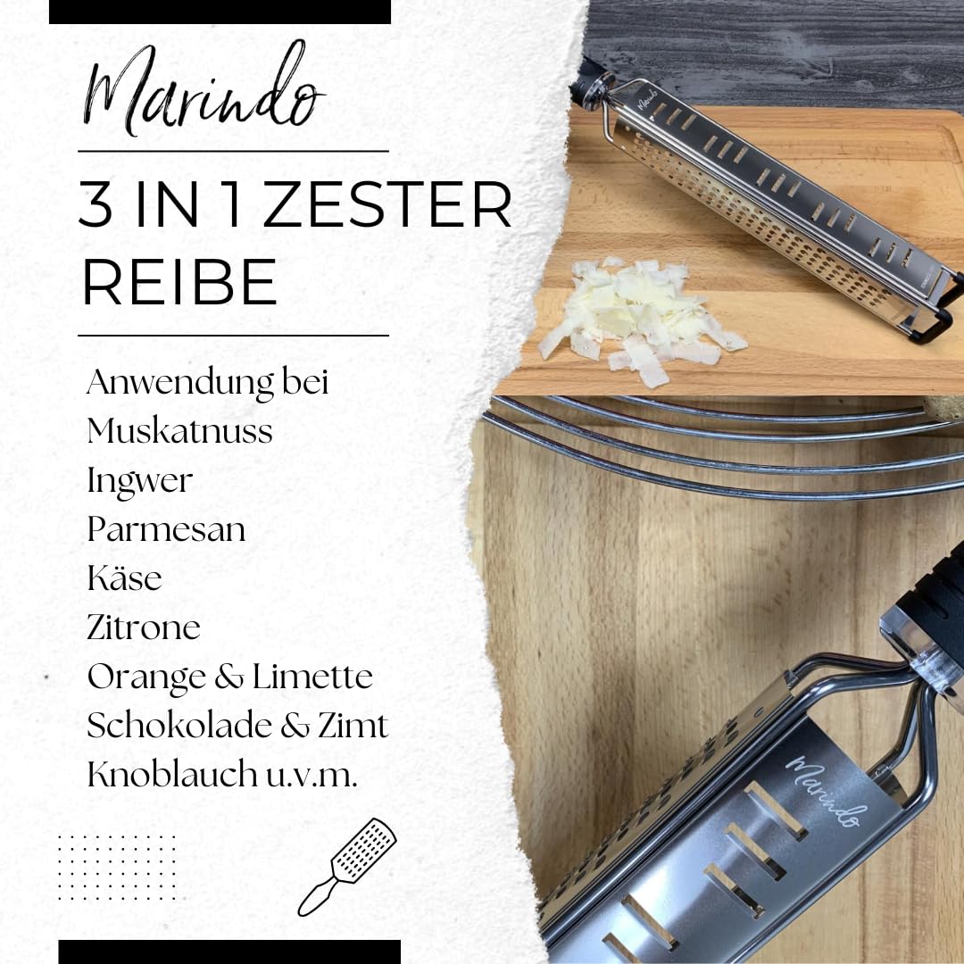 MARINDO Premium Zester 3 in 1 – Reiben, Raspeln & Hobeln | Parmesanreibe, Zitronenreibe, Muskatnuss Reibe, Ingwerreibe u.v.m. | Fein & Grob Edelstahl