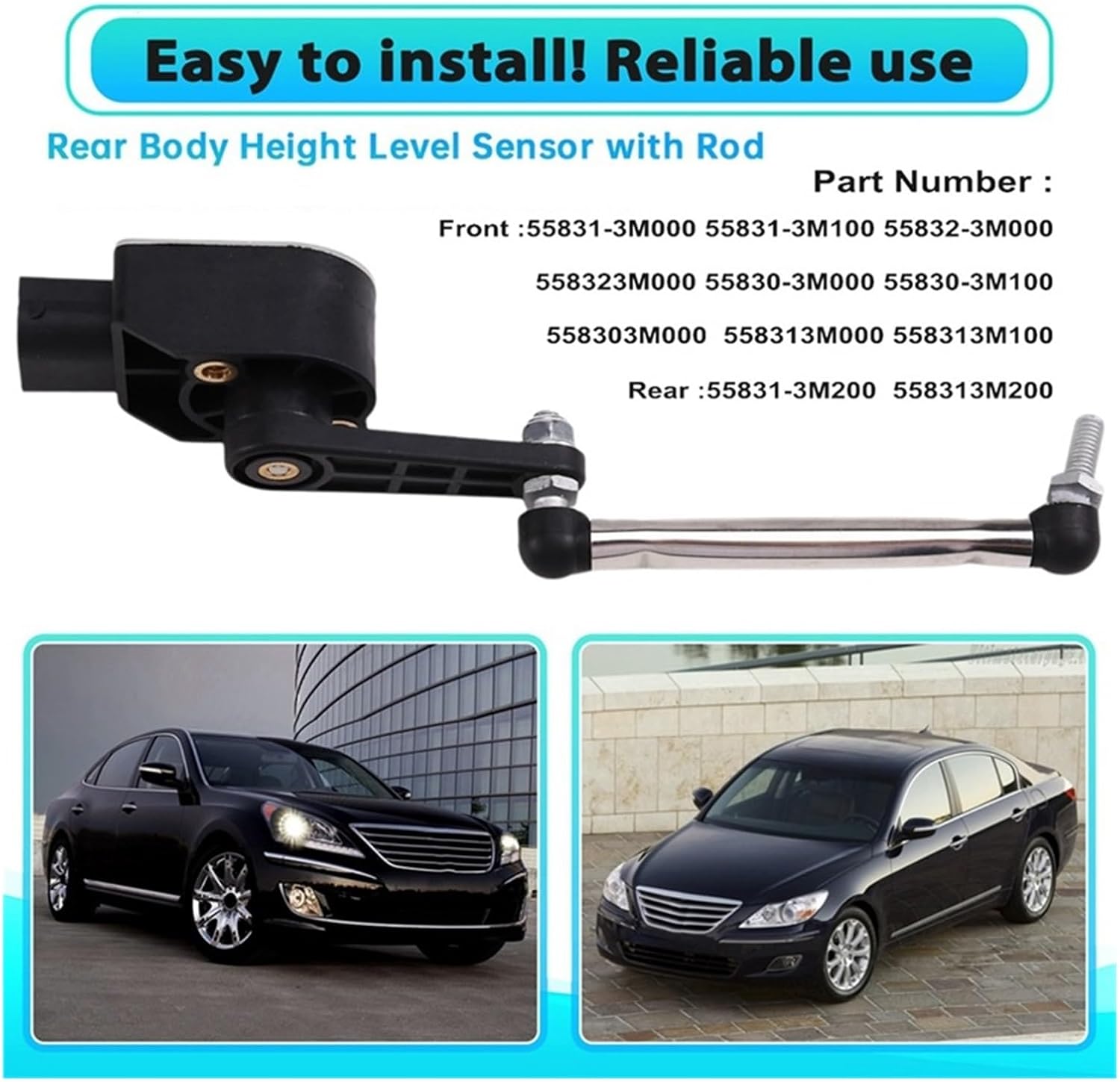 Rear Body Height Level Sensor Complete Kit with Rod Compatible with Hyundai Equus Genesis 2008-2014, Model 55830-3M200 55830-3M300