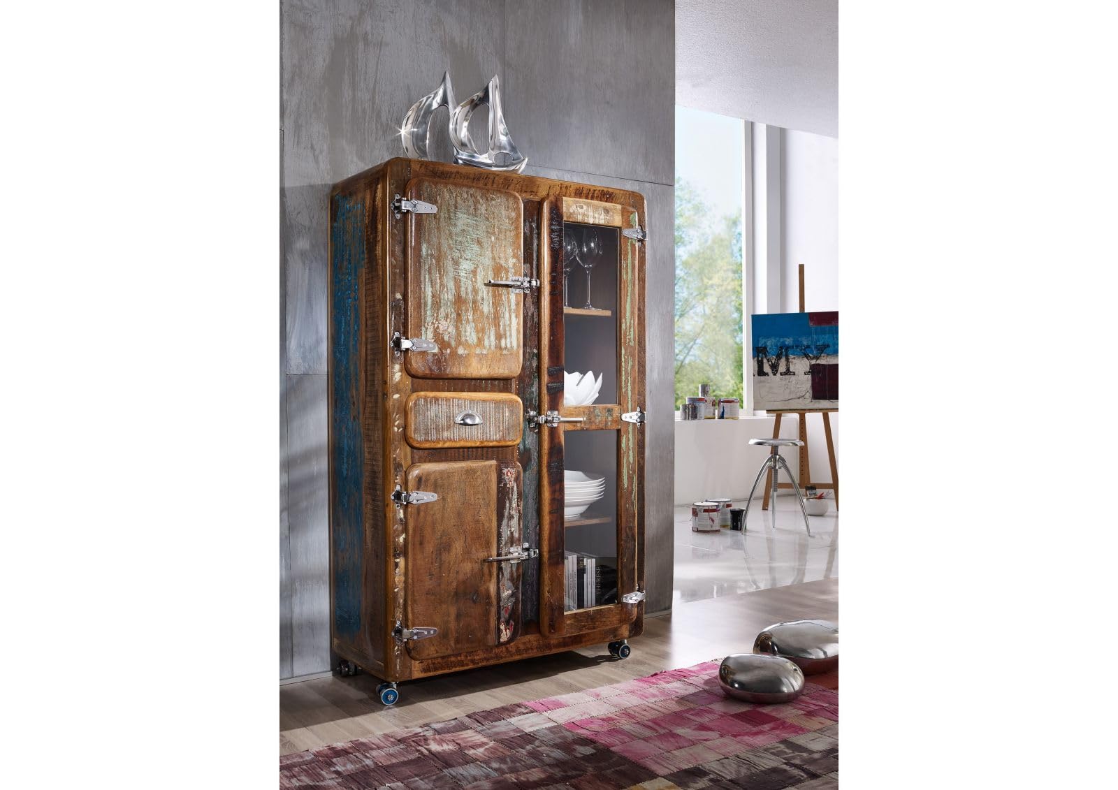 MASSIVMOEBEL24.DE FREEZY #34 Mobile dispensa in Legno Riciclato - Laccato/Multicolore 90x38x140