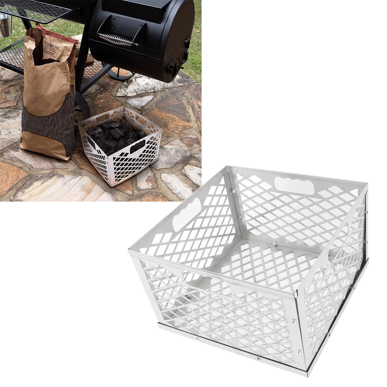 Pssopp Cesta para Fuego de Carbón en Trozos, Soporte Portátil Resistente para Parrilla de Barbacoa de Carbón de Acero Inoxidable para Carbón en Trozos de Barbacoa