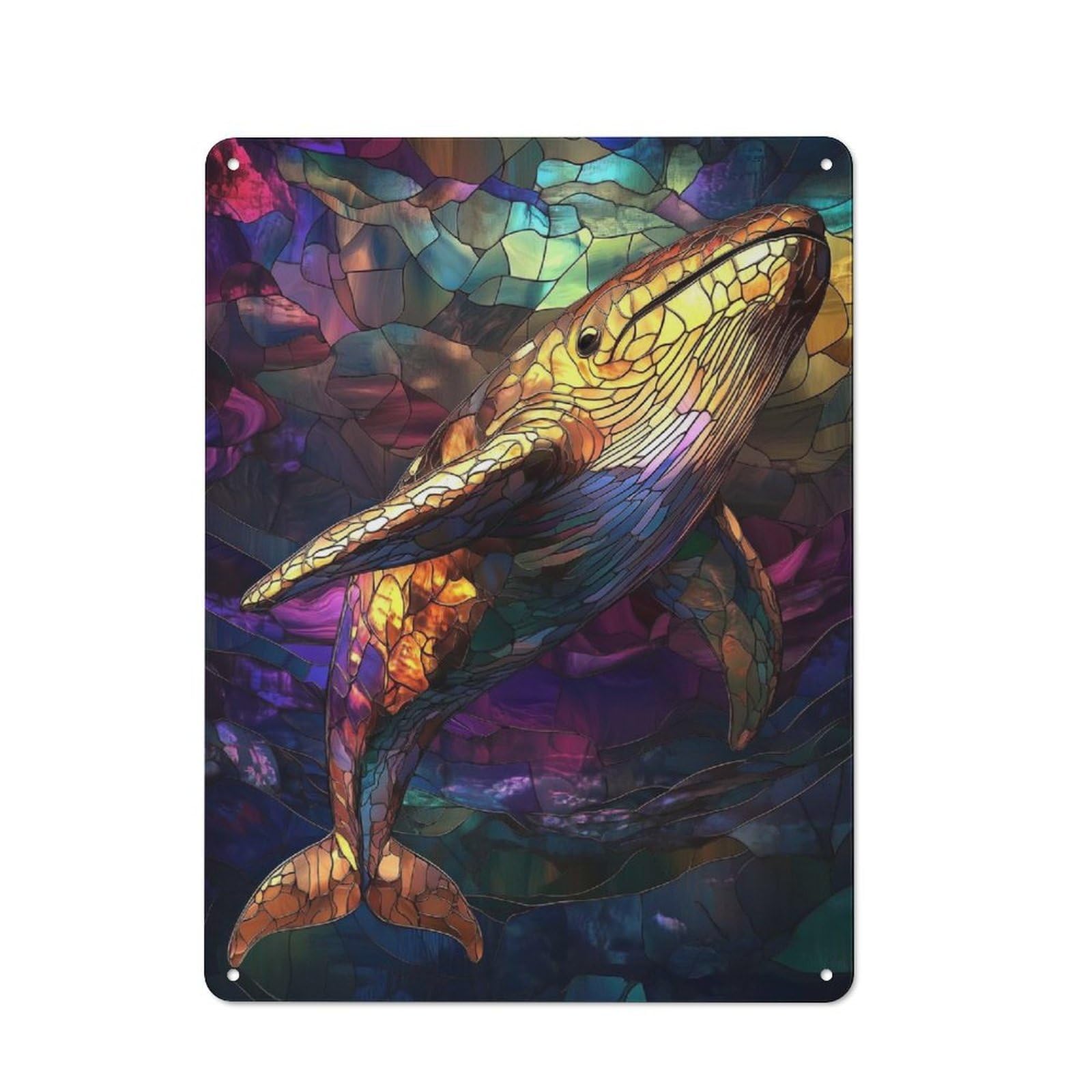 Junmoney Stained Glass Whale Rustic Tin Sign 40X30cm For Home Office Or Studio, For Vintage Wall Decor Fans, For Home Office And Studio Walls