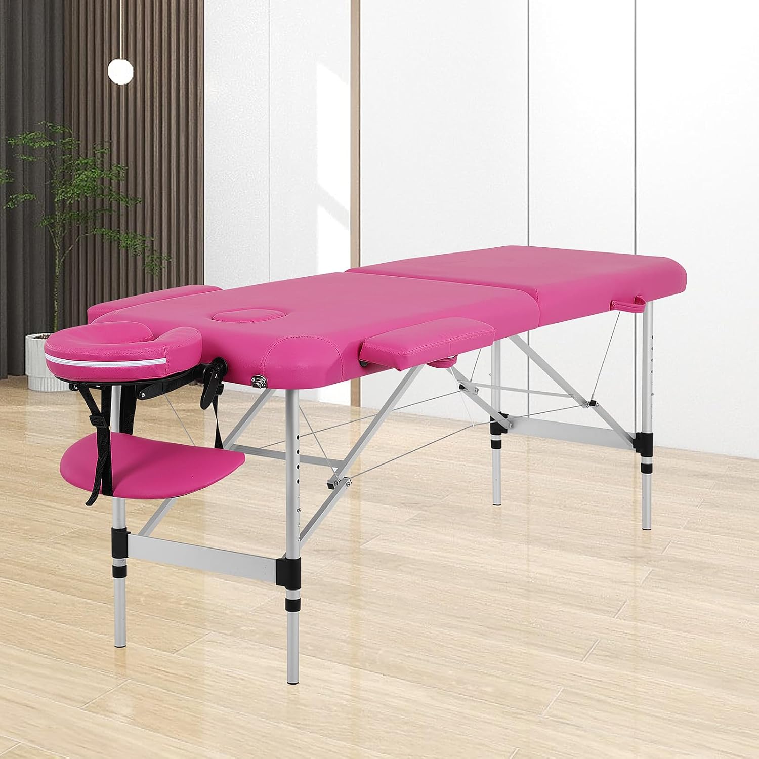 Massage Table Massage Bed,73 Inch Height Adjustable 2 Fold Aluminium PU Leather Beauty Spa Bed Salon Table w/Face Cradle Carry Case PortableTatto Lash Therapy Treatment, Pink