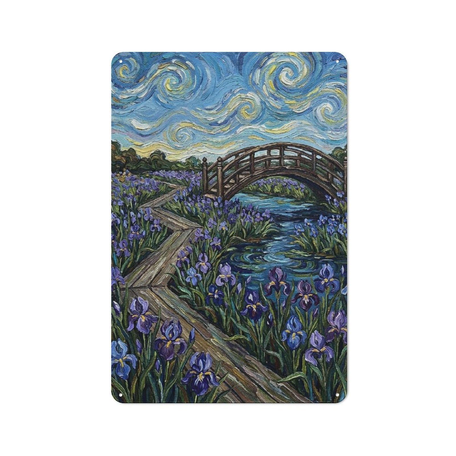 Junmoney Style-21 For Hobby Room Or Studio, Bridge Over Irises In Starry Sky Retro Metal Wall Sign 30X20cm, For Vintage Wall Decor Fans, For Themed Room Decoration