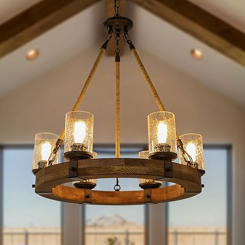 LALUZ Farmhouse Chandelier, Wagon Wheel Chandelier, 6-Light Kitchen Island Lighting with Seeded Glass Shade for Dining Room, Kitchen, Living Room
