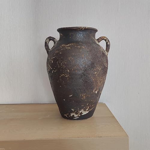 Miniatura 9 de Jarrón de cerámica negra  Jarrón rústico de granja de 10 pulgadas, jarrones de terracota envejecidos vintage, jarrones de arcilla hechos a mano con