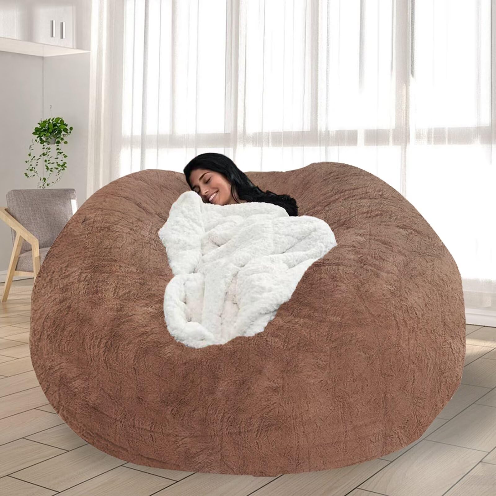 FIEATES Giant Bean Bag Chair for Adults and Kids Without Filler Cozy Oversized Round Beanbag Chair Cover for Bedroom Stuffing Animal Toys, 7FT, Khaki