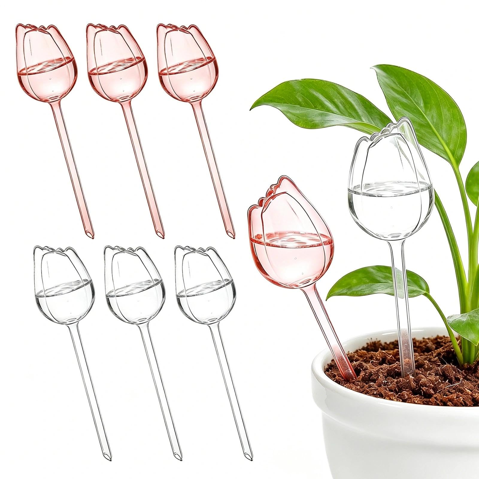 Chovize 6Pcs Glass Plant Watering Globes, Plant Waterer, Automatic Water Dripper, Plants Drip Feeders for Potted Plants, Self Watering Spikes for Greenery Indoor Outdoor [White/Pink]