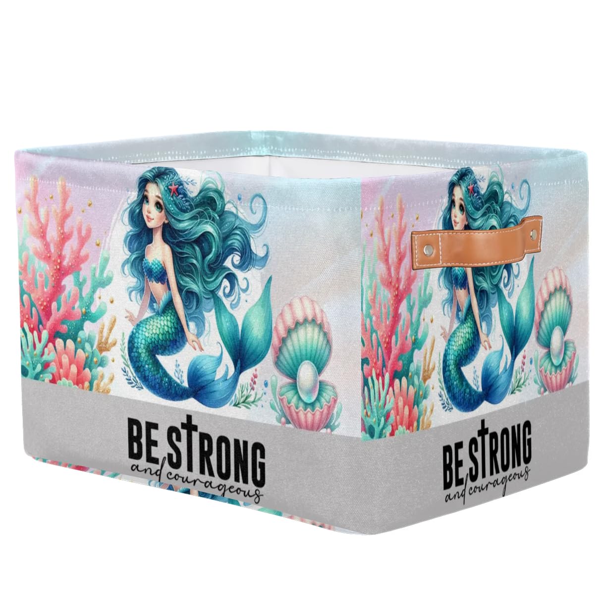 Storage Baskets with Handles, Cute Mermaid Coral Shell Storage Cube Rectangular Fabric Collapsible Toy Storage Bin Organizer for Closet Shelf Laundry Nursery Kids Bedroom, 15x11x9.5 In