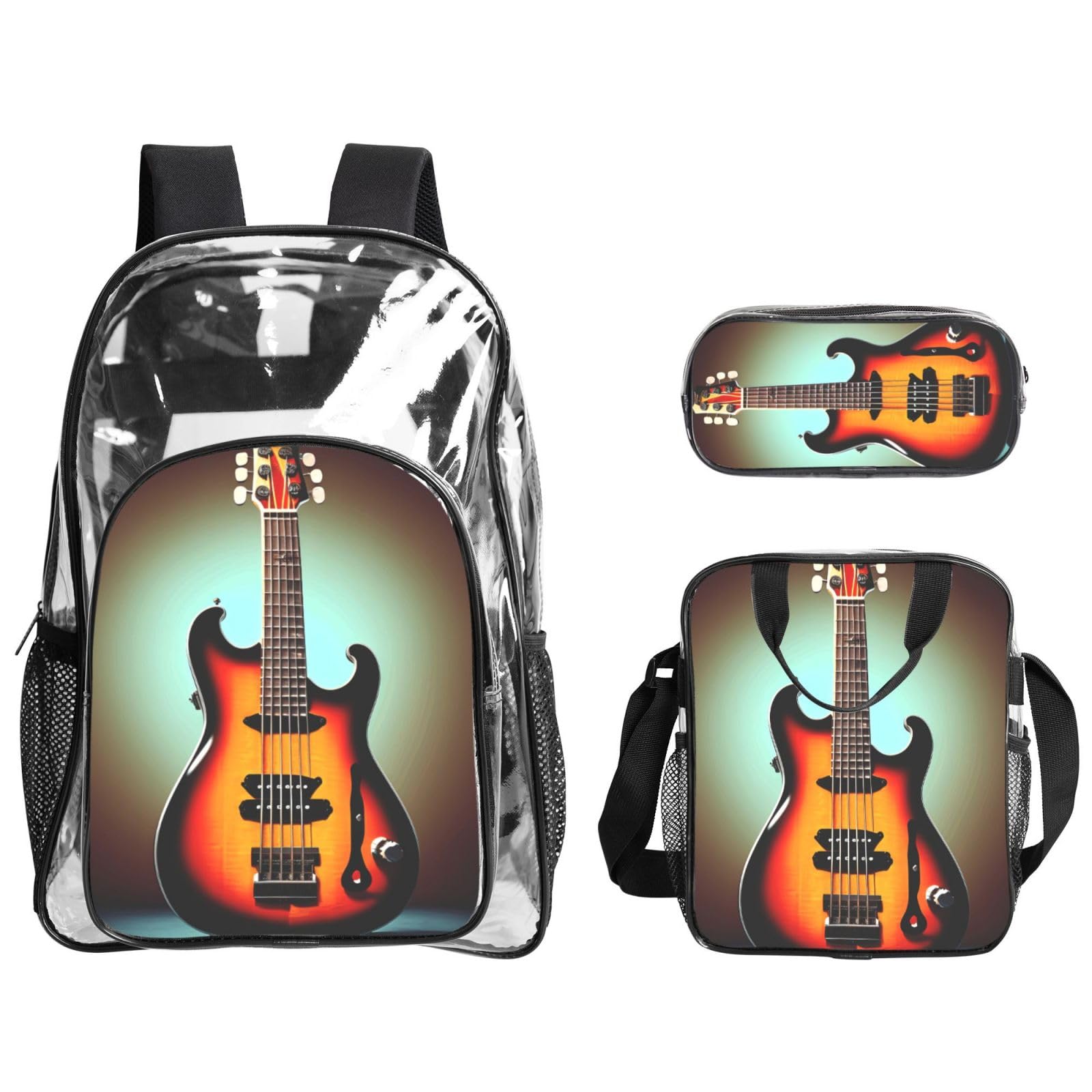 Gitara basowa muzyka instrument muzyczny nadruk przezroczysty lekka 3-częściowa torba na lunch Combo przezroczysty plecak zestaw szkolny podróż