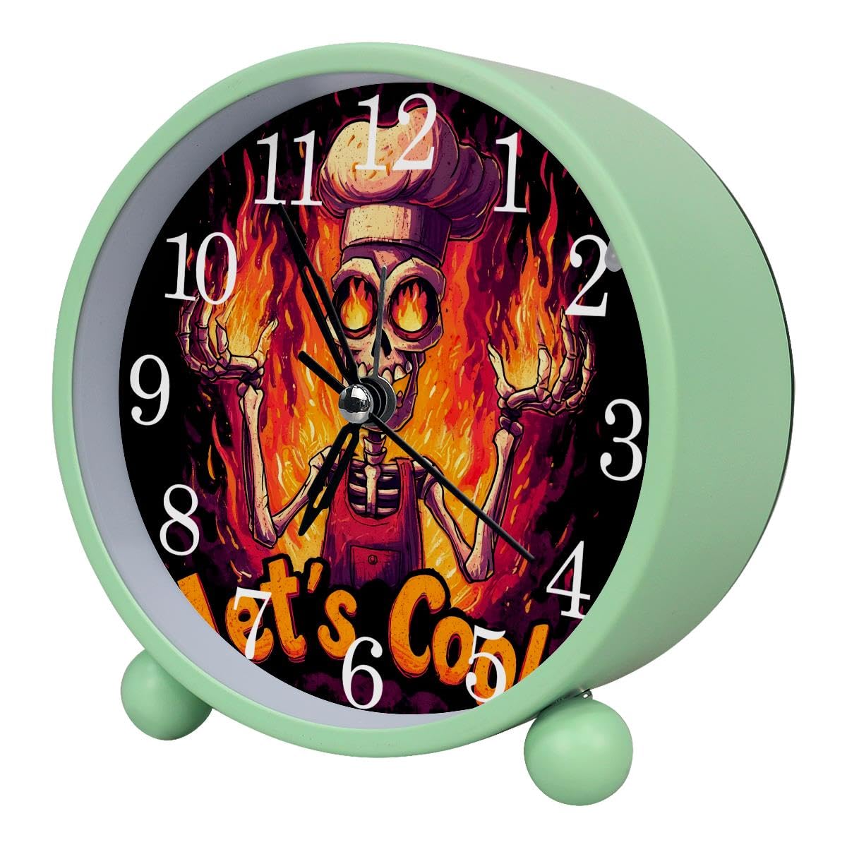 Luoweisi Alarm Clock Fire Skeleton, Silent Non-Ticking with Night Light, Round Metal Alarm Clock for Office, Battery Operated, Bedroom, Elderly, Adults, Children, Student Gifts