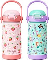 Vista 1 de Fimibuke Botella de agua aislada para niños con tapa de popote y asa, 14 onzas, sin BPA, vaso de metal de acero inoxidable 188 a prueba de fugas