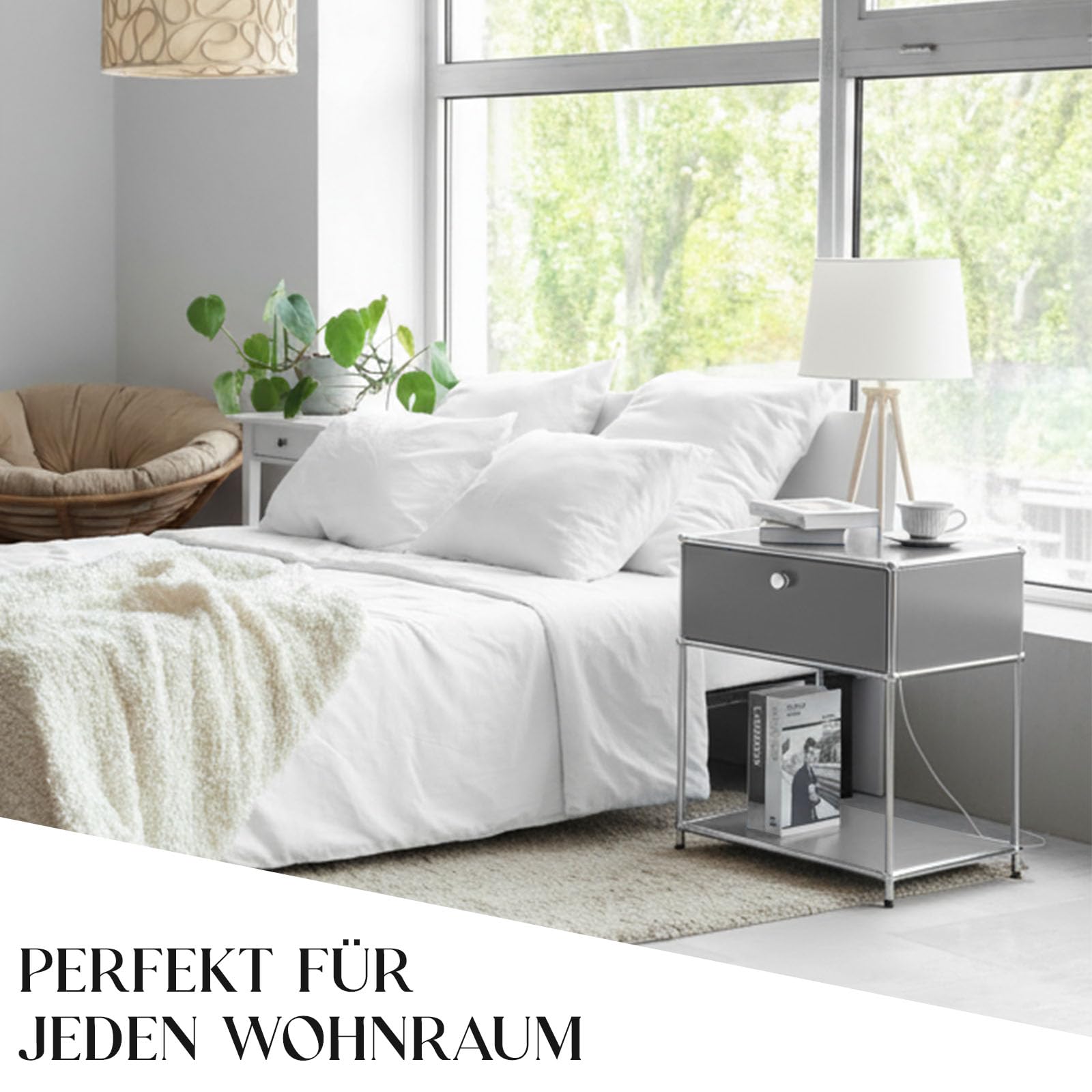 Floordirekt Estantería, estantería de metal, mesa auxiliar - Gris, cromo, 63Hx50Ax40P cm - Sistema modular de enchufes en diseño moderno, estantería de metal para sala de estar, oficina, pasillo