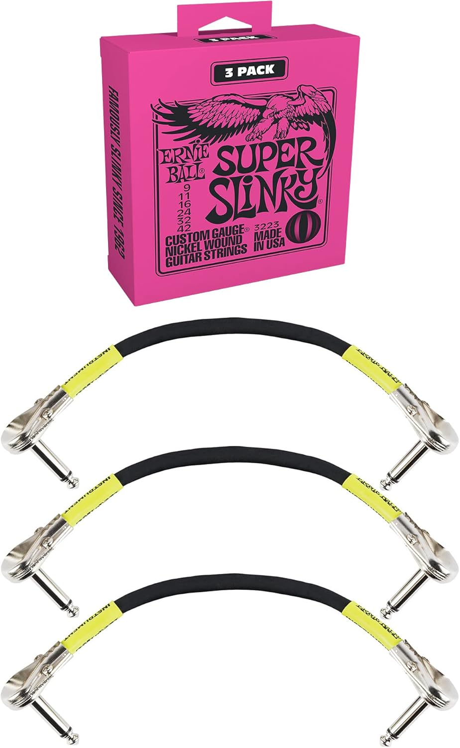 Ernie Ball Super Slinky w/Black Pancake Patch Cable 3-Pack Bundle (BE0004)