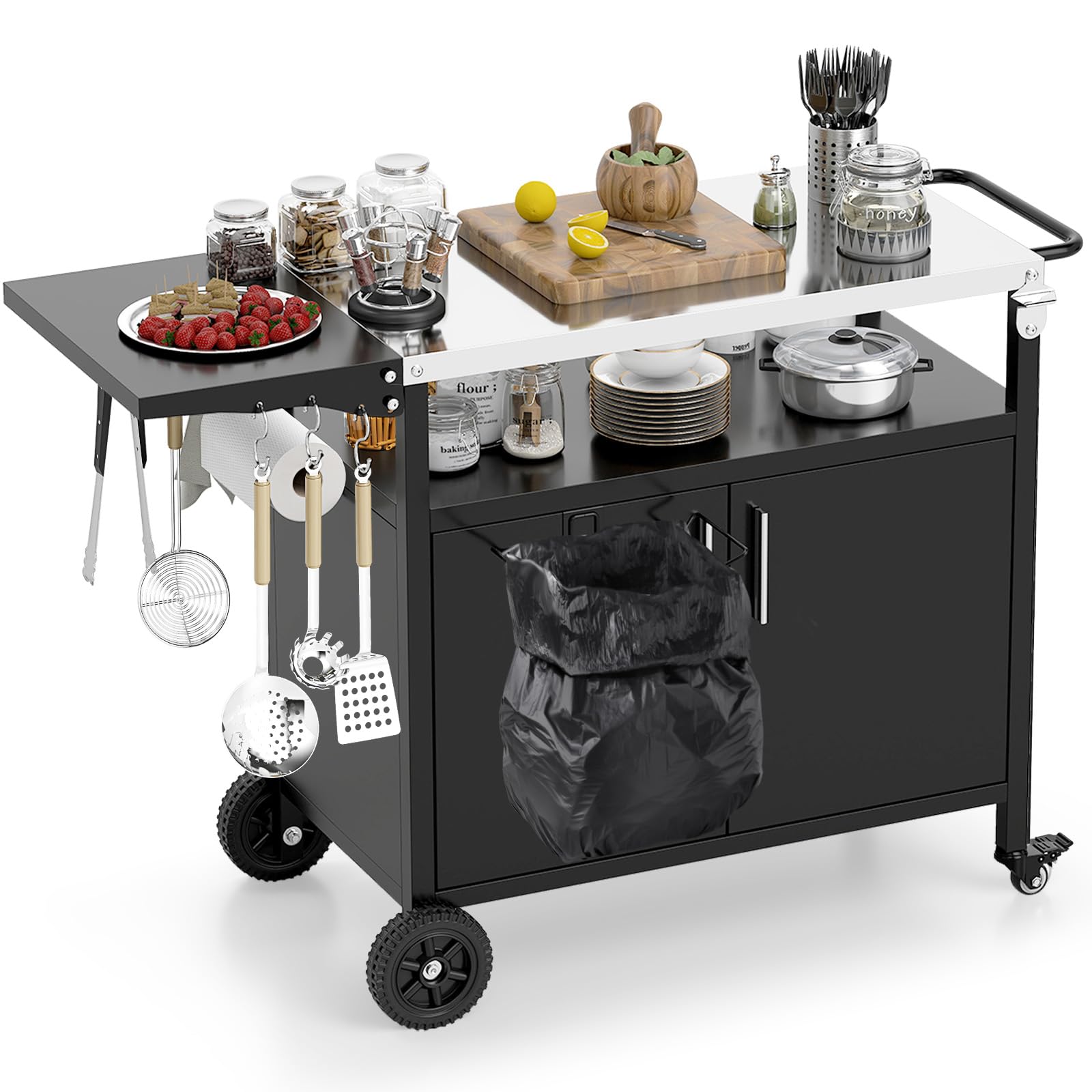 COSTWAY Carrello per Barbecue con 3 Ripiani e 2 Ante, Carrello da Cucina in Acciaio Inox e Ruote, Carrello Porta Griglia Multiuso con Tavolo Pieghevole e 6 Ganci, 127 x 50 x 84 cm