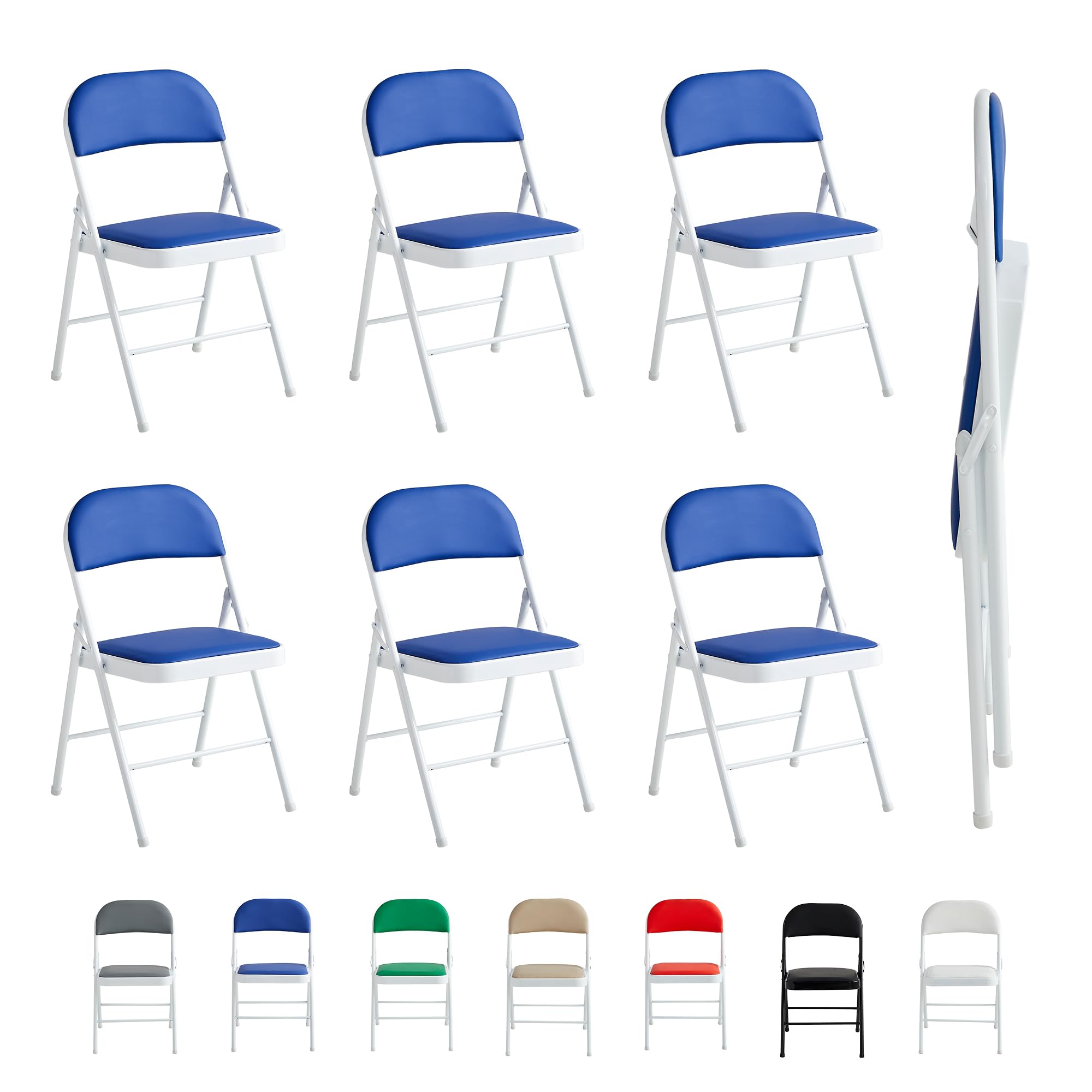 mcc direct Folding Chairs, Faux Leather Foldable Chairs with Metal Frame and Padded Seat, Easy to Fold and Store for Home, Office, Dining and Reception Set of 6 (Blue)
