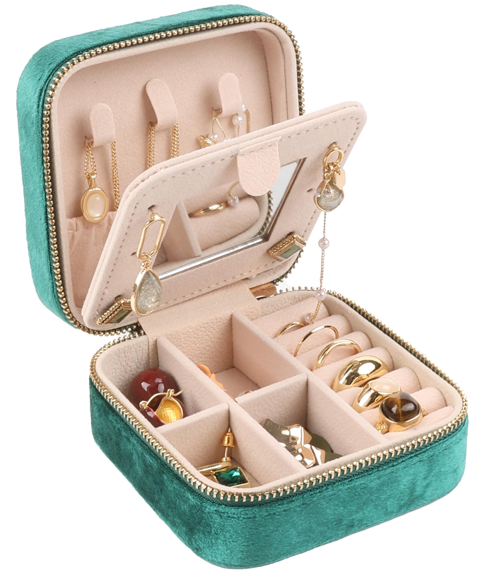 Plush Velvet Travel Jewelry Box,Case with Mirror,Girls,3.9x3.9",Green,1 Pcs