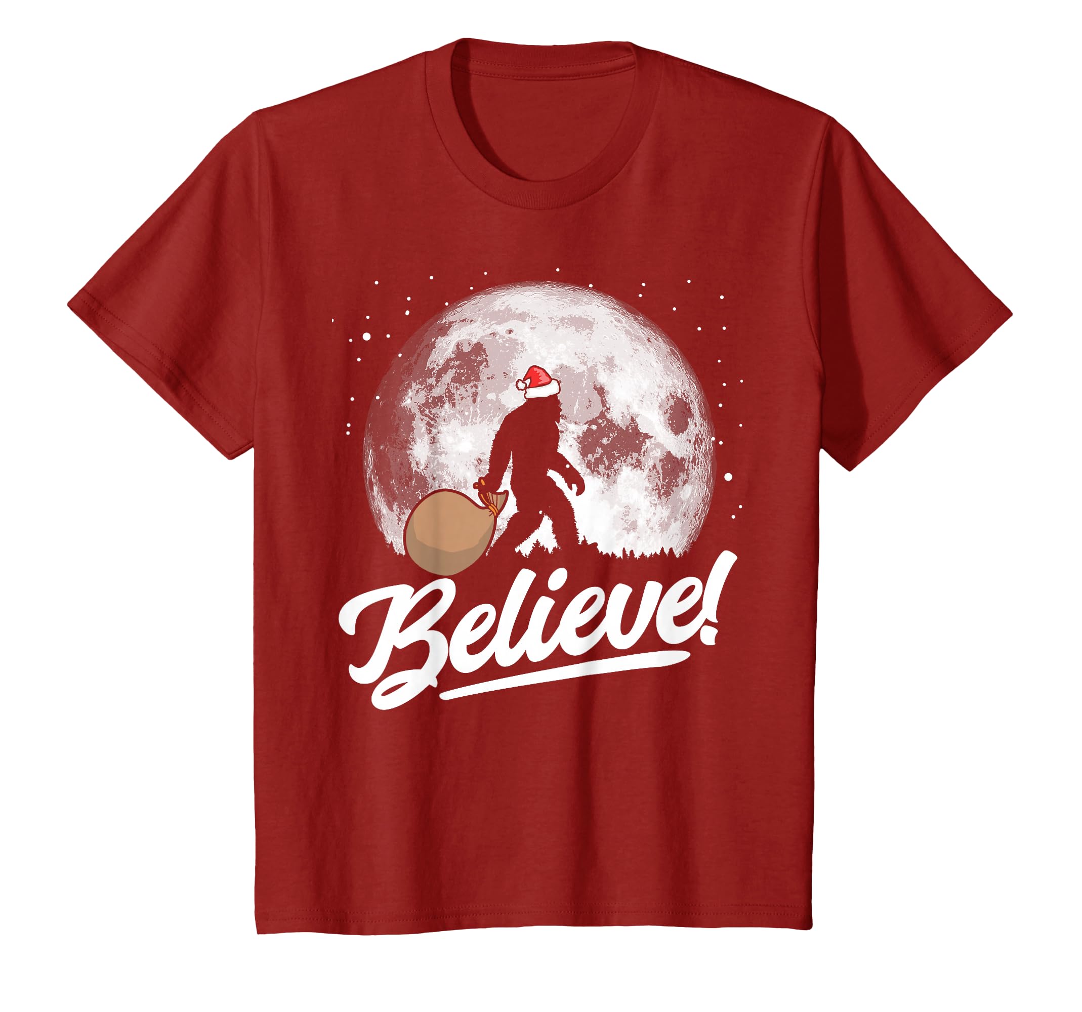 Believe! Santa Bigfoot Christmas Snow & Moon Night Graphic T-Shirt