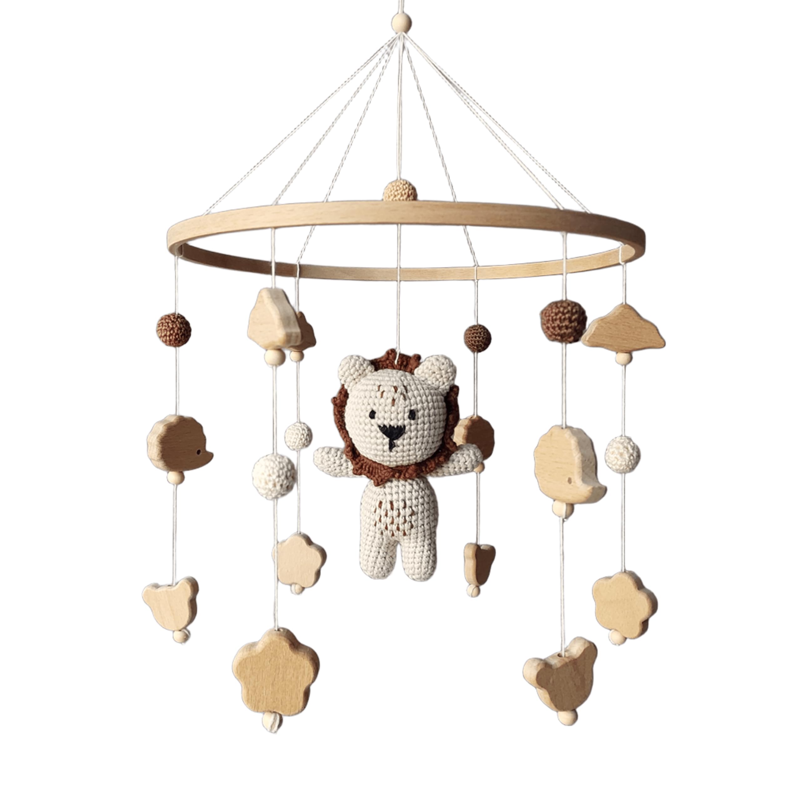 Handgemachtes Baby Mobile in Braun mit gehäkeltem Löwen – Kinderbett Mobile aus Holzperlen, Blättern & Baumwolle – Safari & Afrika Deko fürs Babyzimmer – Neugeborenen Geschenk