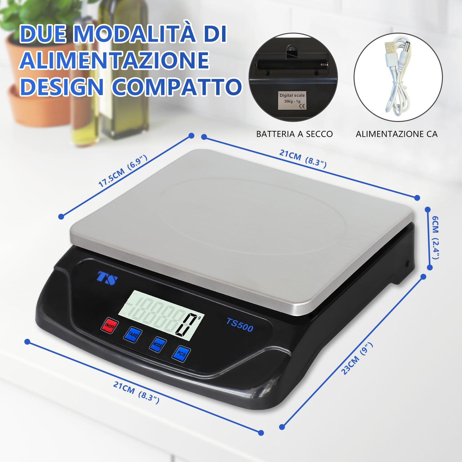 Bilancia Cucina Digitale1 Gr Max 30 Kg, Bilancia Professionale Alimenti Tara Con 6 Unità Display LCD Funzione PCS Tare Peso Per Cuocere Cucina USB/Batterie (Nero,30kg)