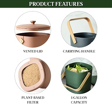 Bamboozle - 1 Gallon Compost Bin,  with Hemp-Based Filter, Sustainable Materials, Indoor Countertop Composter, Home & Garden Supplies, Terracotta