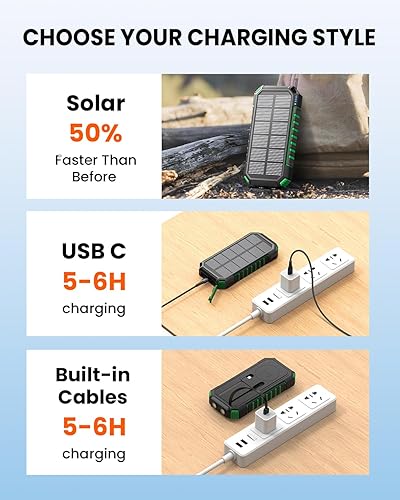 Miniatura 8 de Riapow Cargador solar - Cargador portátil inalámbrico de 27000 mAh, 2 cables integrados, batería de carga rápida de 22.5 W con entrada y salida USB