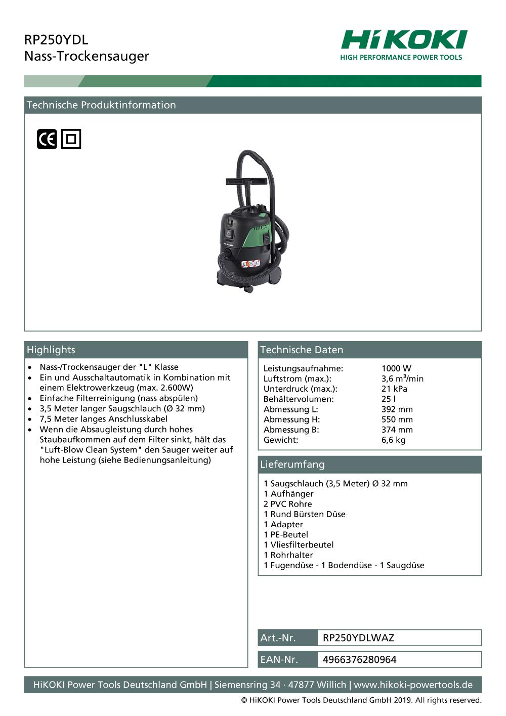 HiKOKI Aspiradora de Agua y Polvo - 21 L, 1000 W, Clase L, 3,6 m³/min, Cable de 7,5 m - Incluye Accesorios, para Construcción y Talleres | Clase L, flujo 3,6 m³/min, encendido automático para herramientas, cable 7,5 m, modo soplador, incluye accesorios