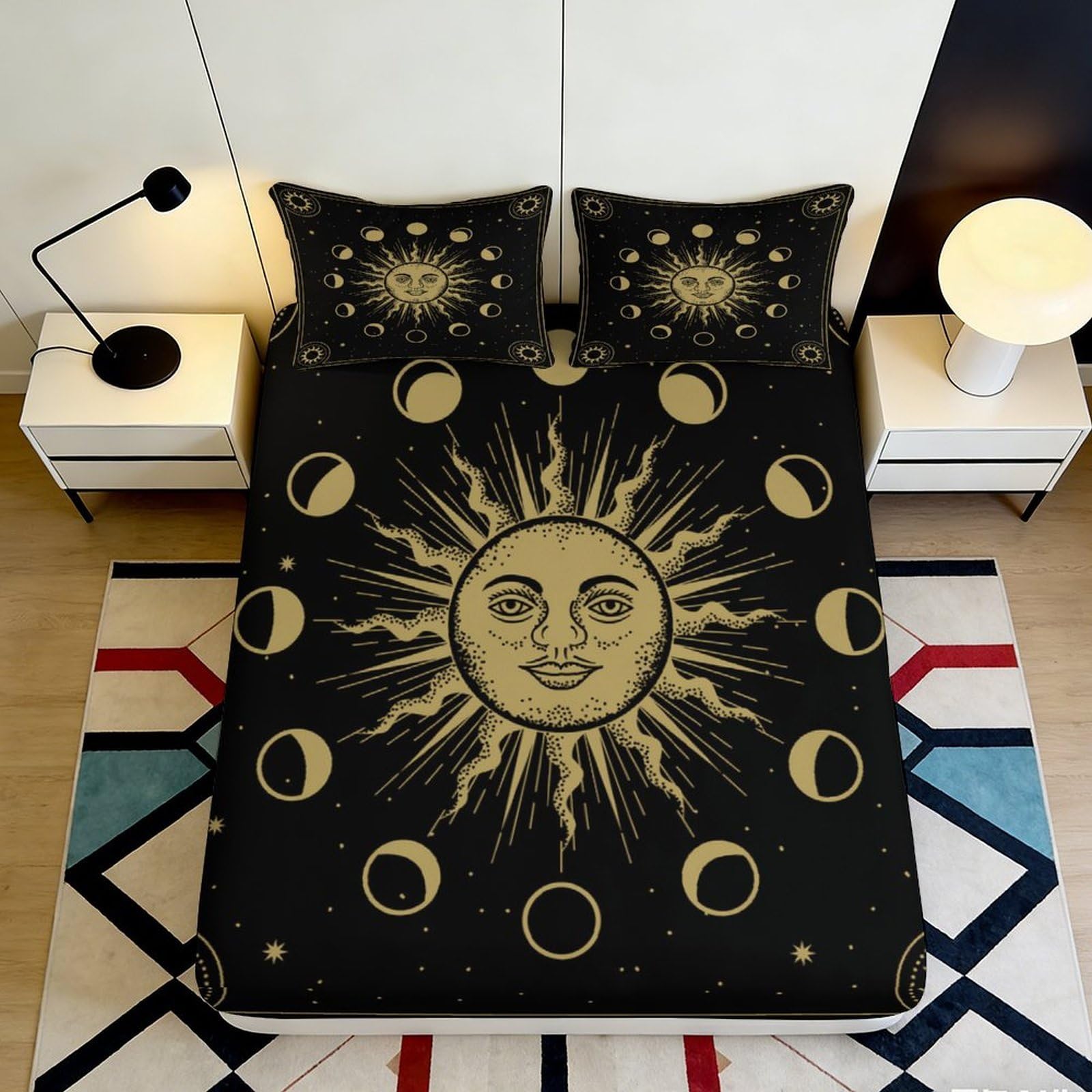 3D Printed Celestial Sun and Moon Fitted Sheet Microfiber Soft Breathable Cosmic Moon Phases Mattress Cover for Bedroom Dorm Dormitory Guest Room Protection 140x200x25cm