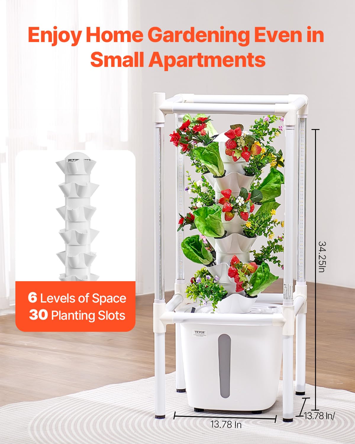 VEVOR Système de Culture Hydroponique, 30 Fentes de Plantation, Tour Hydroponique 6 Niveaux, avec Lampe de Culture, Pompe à Eau, Kit Germination de Plantes pour Herbes, Fruits, Légumes d'Intérieur