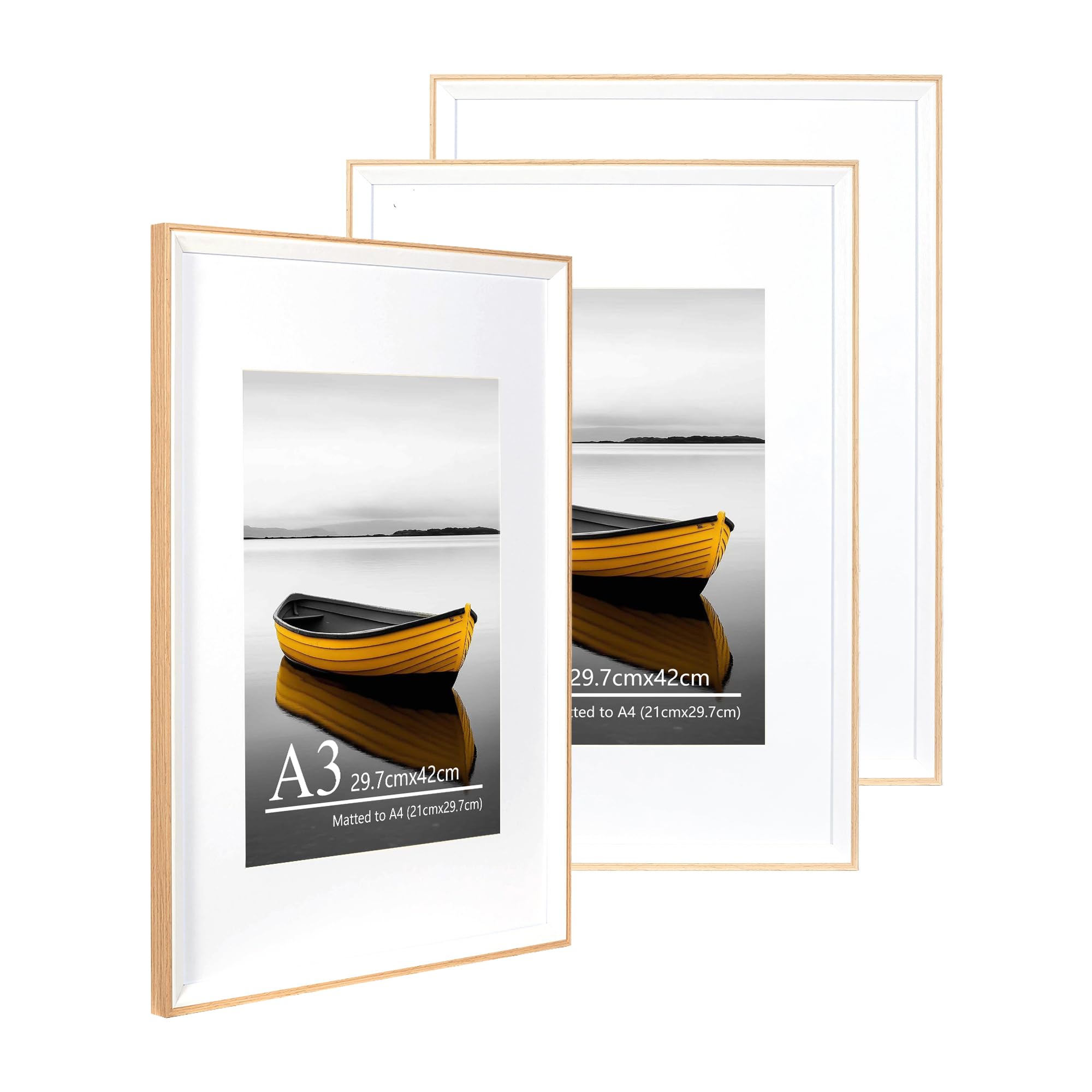 Baoee Oak A3 White Two Tone Picture Frame With A4 Mount,Set Of 3,Photo Frame With Acrylic Glass, A3 Frame,Poster Frame, Certificate Frame,Wall Mountable