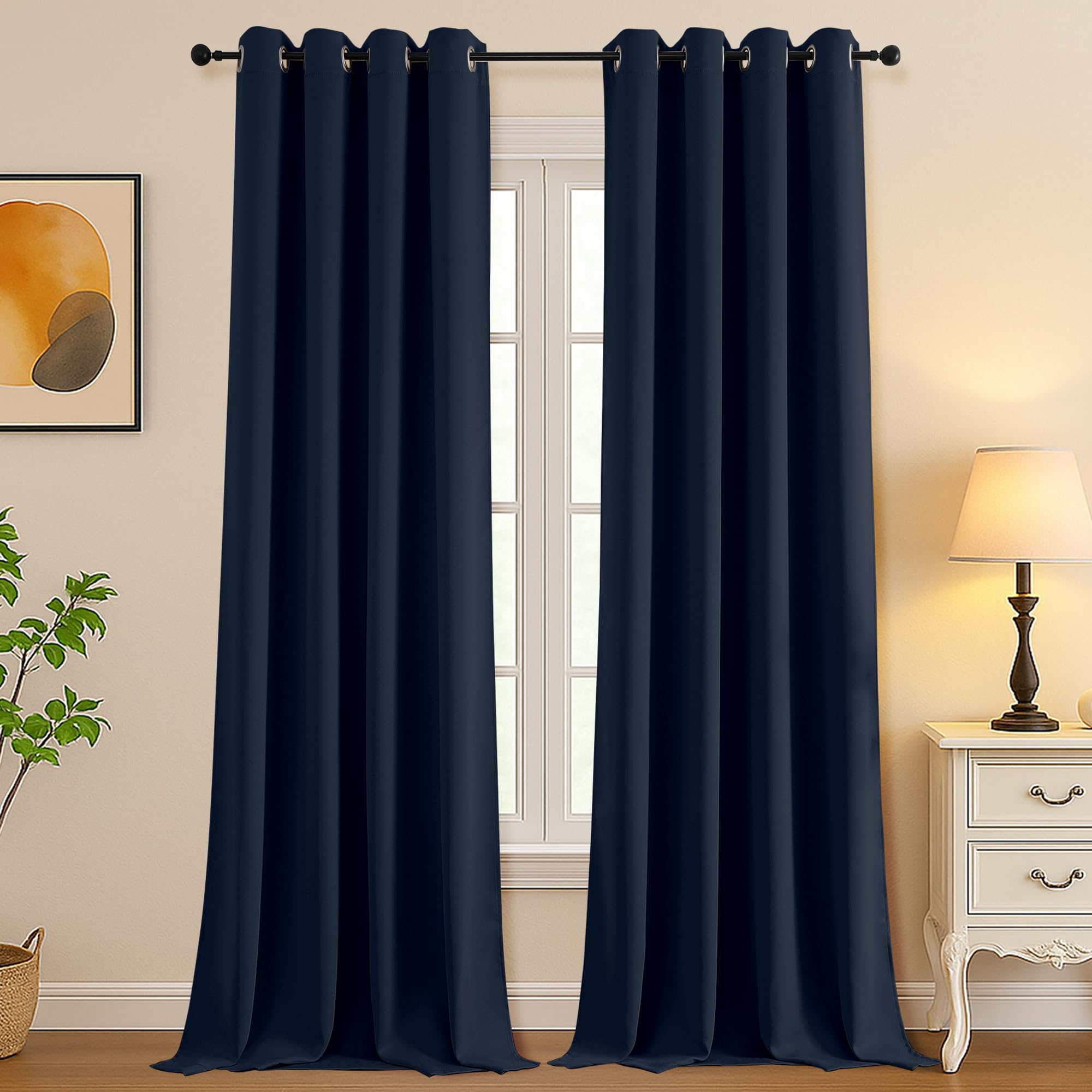 Simplebrand Navy Blue Room Darkening Curtains for Bedroom Living Room 108 Inches Long 2 Panels Set, Thermal Insulated Curtains &amp; Drapes, Solid Grommet Noise Reducing Window Treatment, W50 x L108 Inch