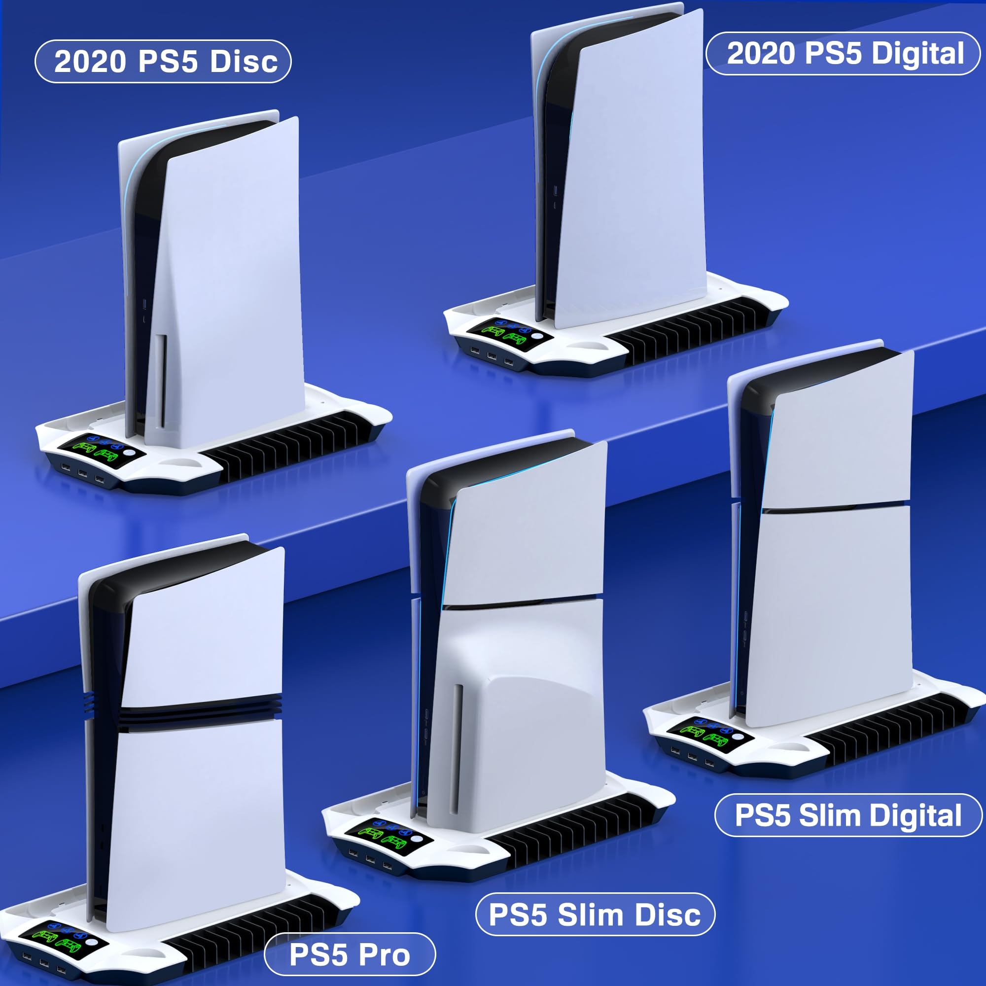 Supporto di raffreddamento per PS5 con caricatore del controller, supporto per PlayStation 5 con ventola di raffreddamento a 3 livelli, accessori PS5 con organizer da 13 giochi, supporto per