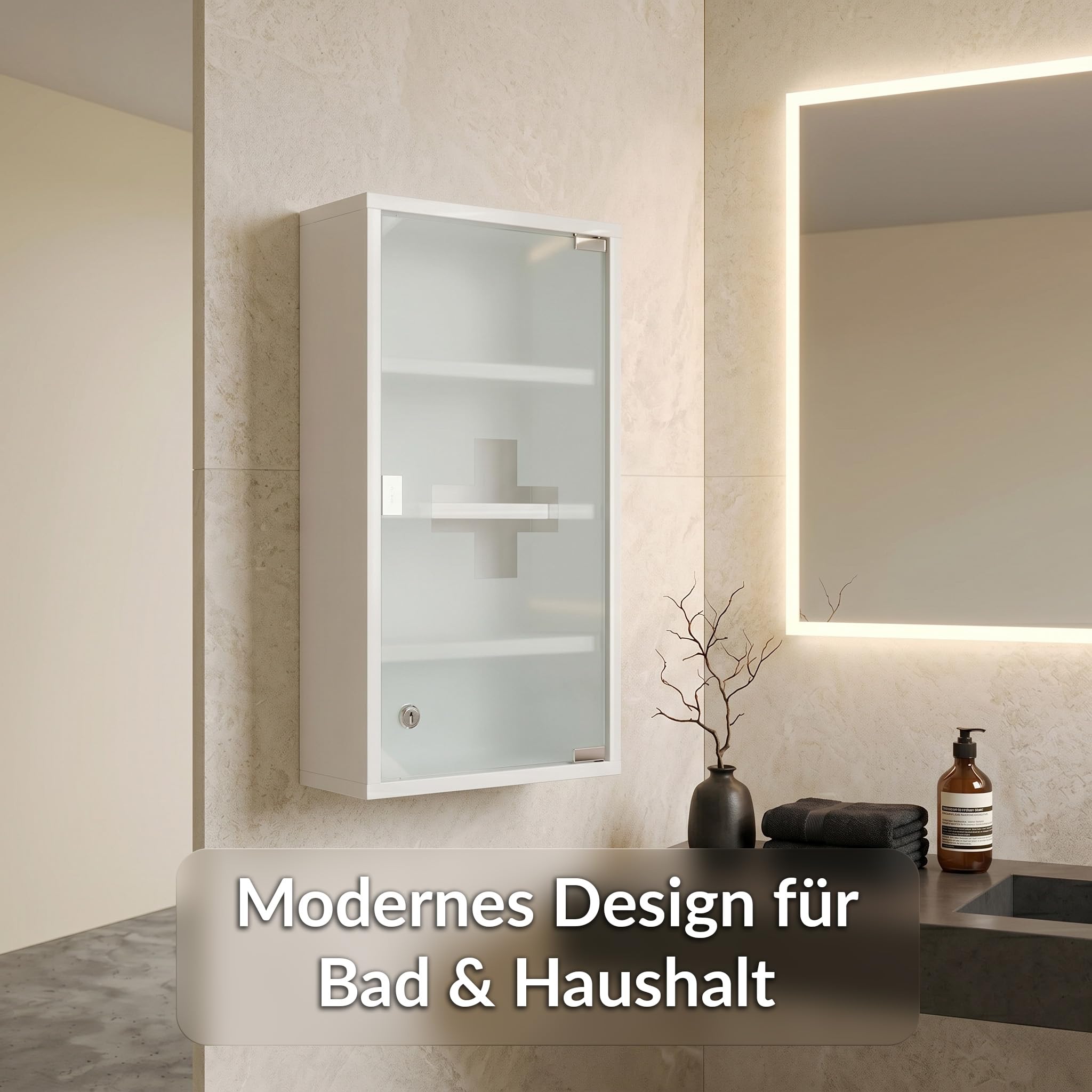 KARAT Medizinschrank Weiß 60x30cm - 4 Fächer – Abschließbarer Arzneischrank mit Milchglastür, Edelstahl oder Metall weiß, Medikamentenschrank für Bad, Küche & Praxis, Allen