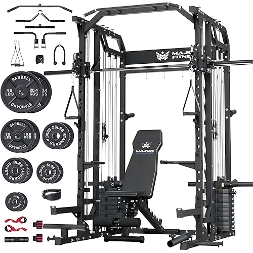 Major Fitness Drone2 Advanced Training Smith Machines– All-in-One Home Gym Squat Rack with Aluminum Pulley Set , Weight Bar, Dual LAT Pull-Down Systems & Cable Crossover Machine for Full-Body Workouts