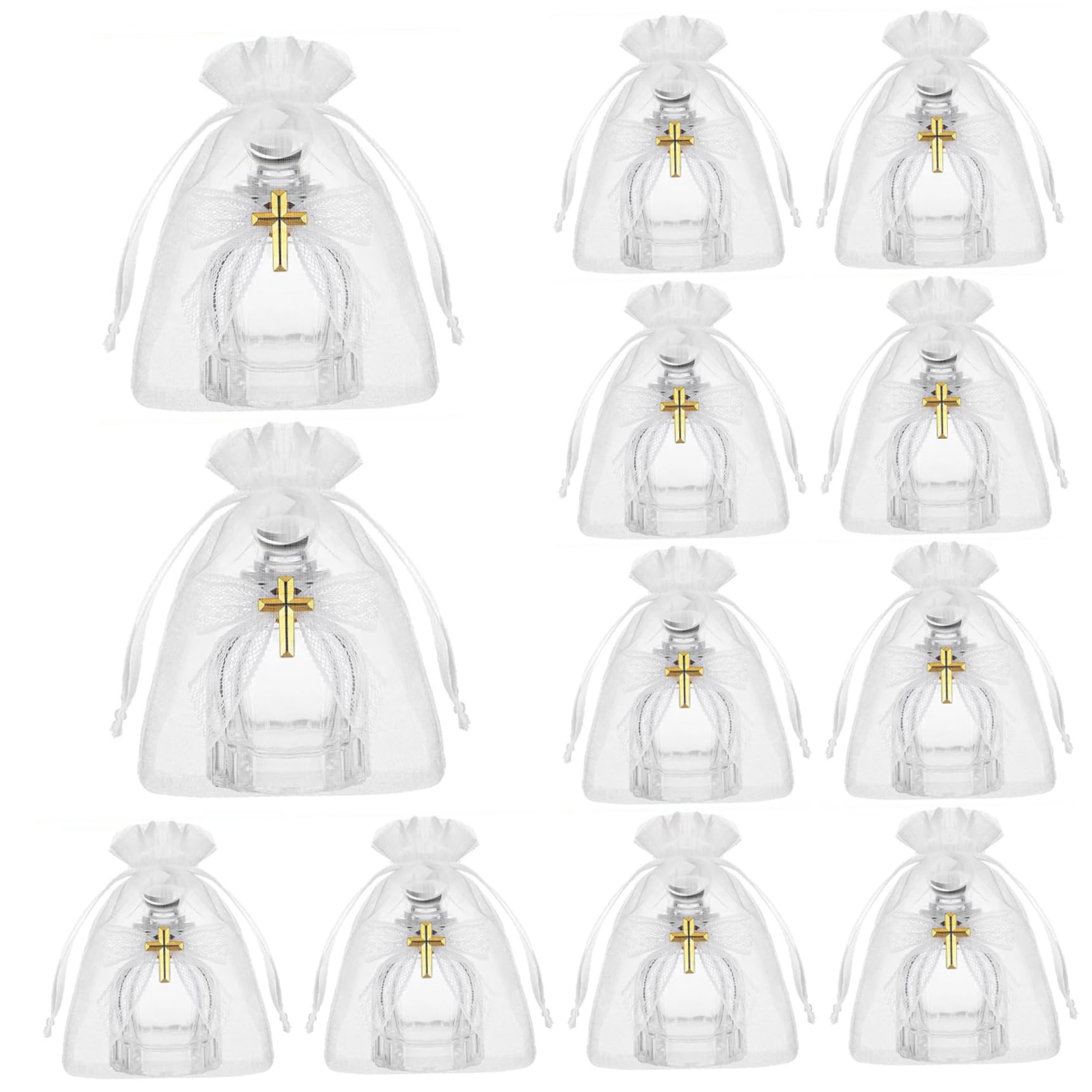 Cadeaux de baptême en verre : lot de 12 bouteilles d'eau bénite pour table de communion élégante