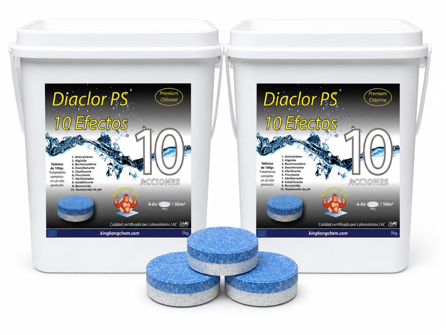 Pack 2 UDS - Cloro Total para Piscinas DIACLOR PS 10 Efectos 10 KG (2x5 KG) 100 Pastillas de Cloro Multiacción (100 gr) - Tratamiento Completo Profesional 10 Acciones